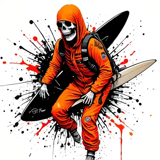 surfing skeleton in a orange jumpsuit and a black headsack tattoo design idea