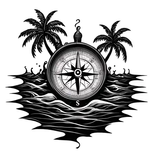 A compass with a family palm trees and a liquid flows tattoo design idea