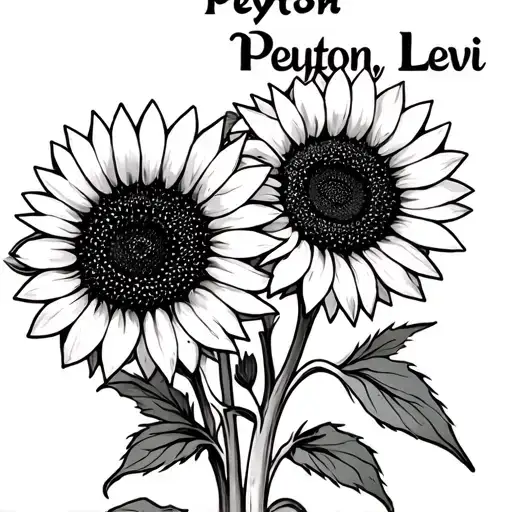 "Peyton, Levi" fine line sunflower with names tattoo design idea