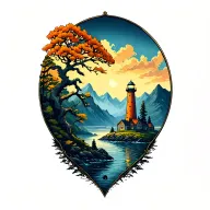 rowan tree, river, mountain, lighthouse, encirlced tattoo design idea