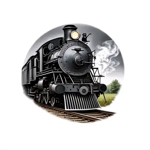 1800s black and grey locomotive on the tracks smoking  tattoo design idea
