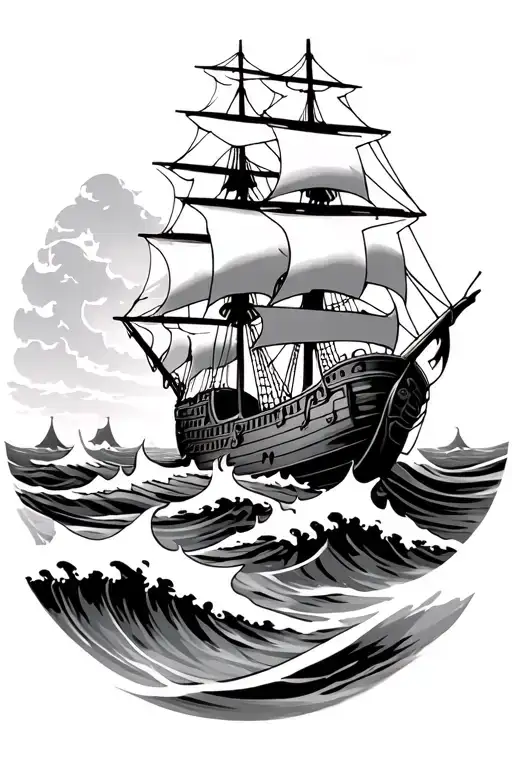 a pirate ship that sails in the waves flowing water tattoo design idea
