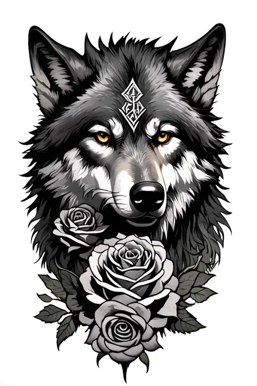 female wolf Fenrir  with a viking , Roses and runes engraved tattoo design idea
