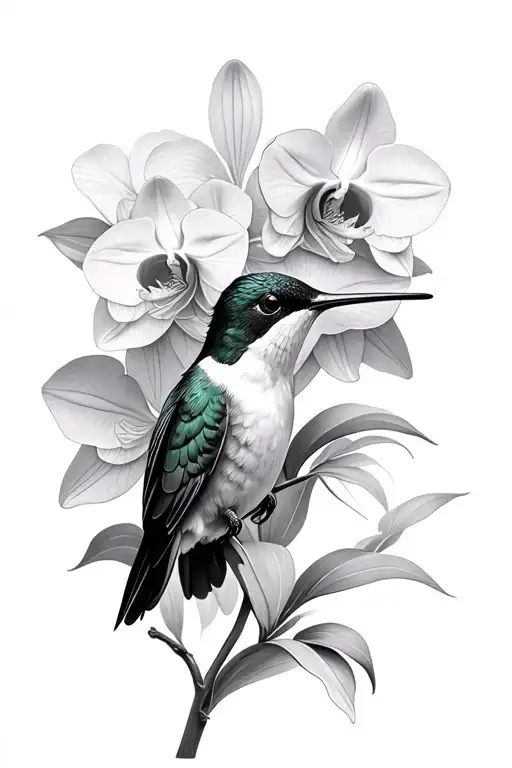 hummingbird with orchids black and white tattoo design idea