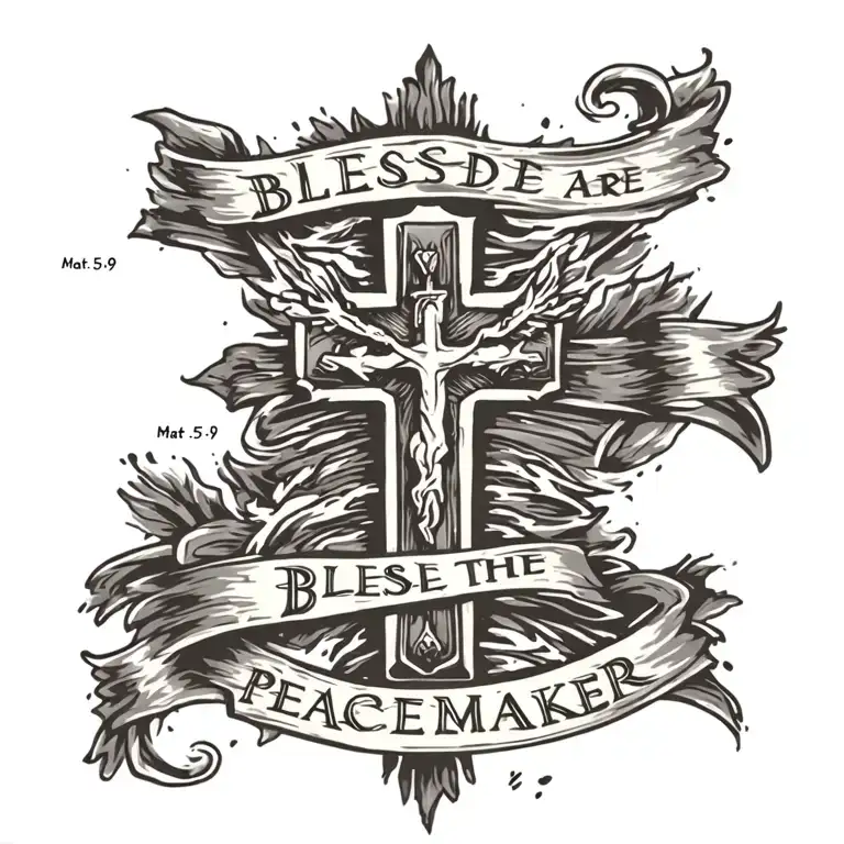 Cross with ""Blessed are the peacemakers" written on a draped blue sash.  Mat 5:9 written underneath tattoo design idea