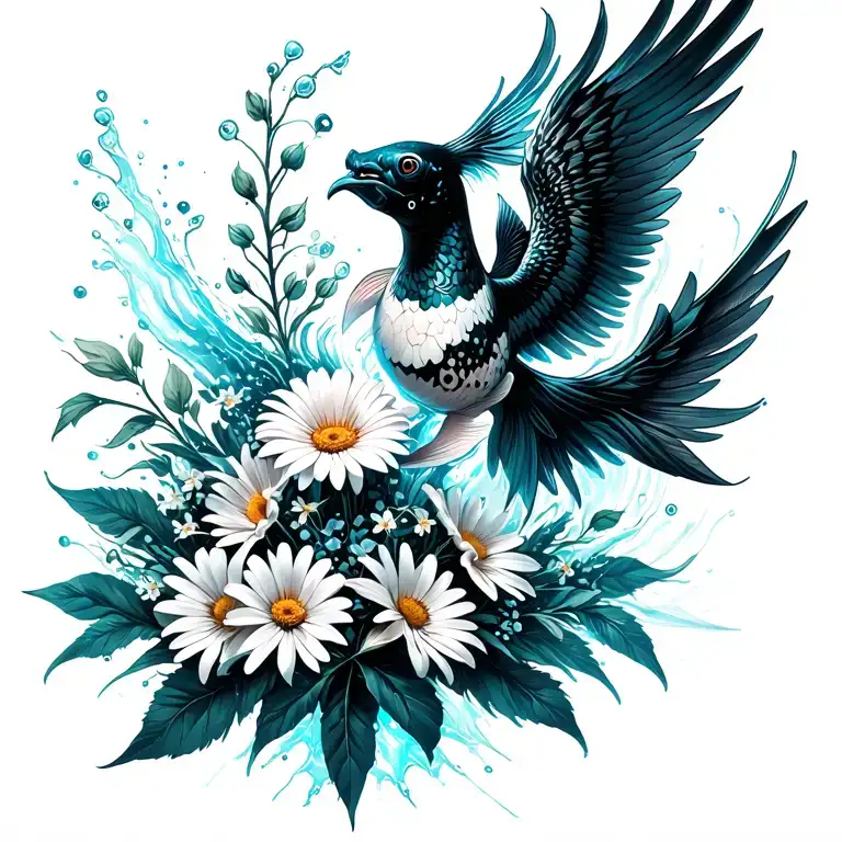 jumping Up out of water black white koi with phoenix wings, bouquet with an aster, a daisy, a lily of the valley tattoo design idea