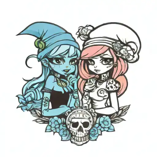 two girl smurfs punk rock inspired tattoo design idea