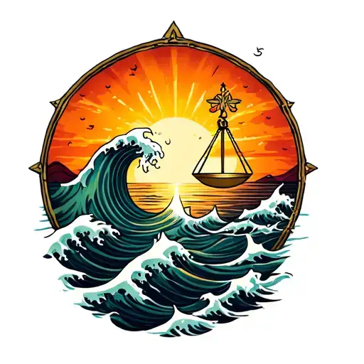 Libra sign incorporated waves and sunset tattoo design idea