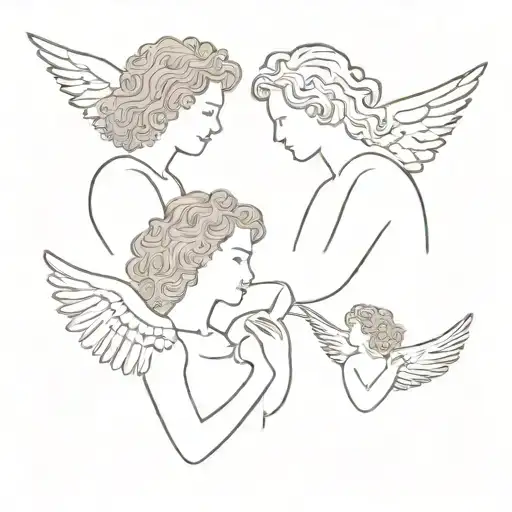 Mom, dad, little daughter with curly hair, grandma with angel wings tattoo design idea