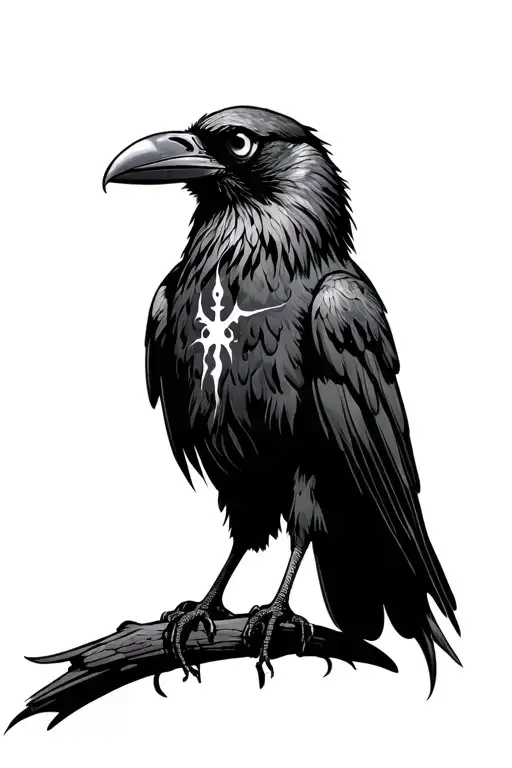 A one eyed raven perched, with a brand of sacrifice burned over his missing eye tattoo design idea