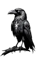 A one eyed raven perched, with a brand of sacrifice burned over his missing eye tattoo design idea