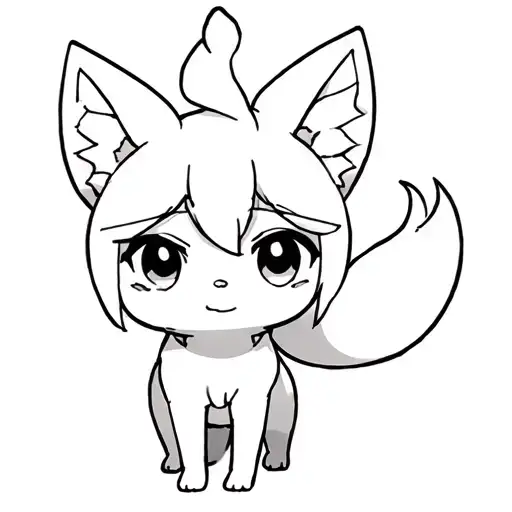 anime chibi nine tail fox, clean black outline only, big eyes and curled tail, 1-inch tatto tattoo design idea