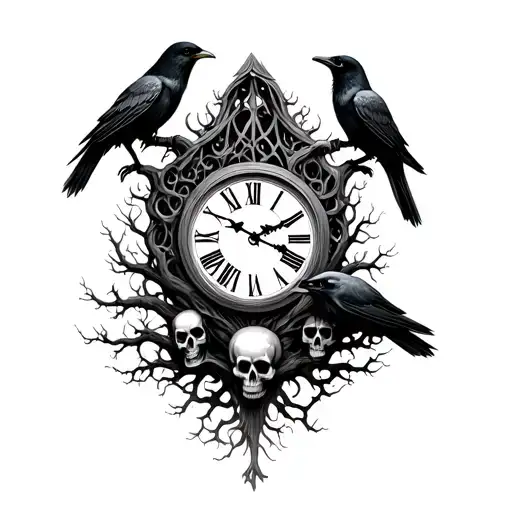 noah mason tree clock skulls and crows tattoo design idea