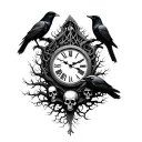 noah mason tree clock skulls and crows tattoo design idea