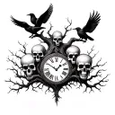 noah mason tree clock skulls and crows tattoo design idea