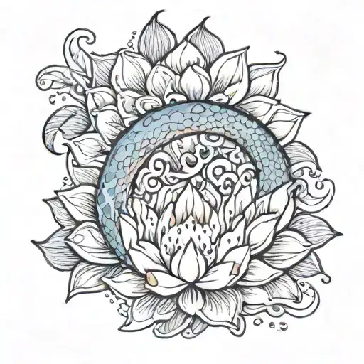 moon snake lotus flower blooming tattoo design idea