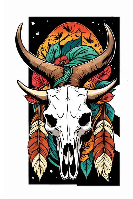 longhorn skull surrounded with dream catch  tattoo design idea