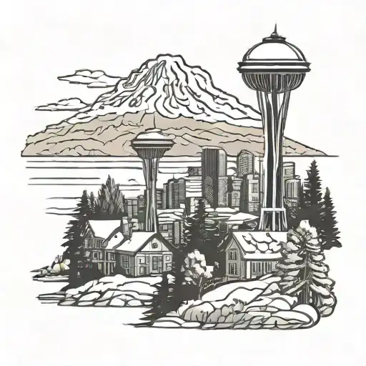 Seattle skyline, mount rainier lake trees, house, field tattoo design idea