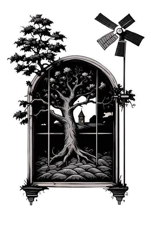 a tree inside an arched window, with small a windmill tattoo design idea