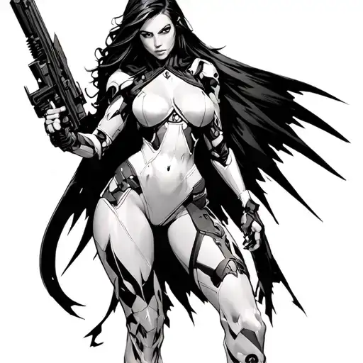 a female calidus assasin in a full body suit from warhammer 40k standing in a sexy pose with a sexy body looking lean.  tattoo design idea