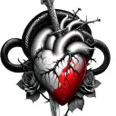 dagger piercing a realistic bleeding human heart ensnared by black roses with thorns. Add a black mamba coiled around tattoo design idea