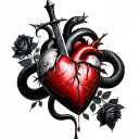 dagger piercing a realistic bleeding human heart ensnared by black roses with thorns. Add a black mamba coiled around tattoo design idea