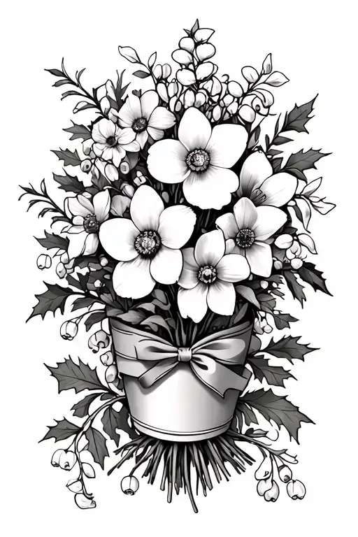 DAFFODIL,POPPY,HOLLY TREE AND LILLY OF THE VALLEY FLOWERSIN SMALL BOUQET WITH LONG STEPS WRAPPED IN SINGLE STRING RIBBON tattoo design idea