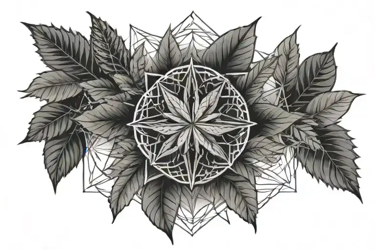 A geometric mandala design incorporating cannabis leaves and chemical symbols tattoo design idea