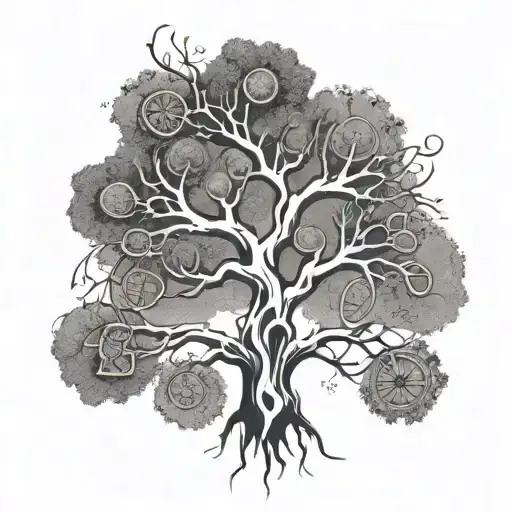 An abstract representation of a family tree intertwined with barbells and fishing hooks tattoo design idea