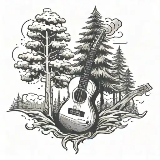 guitar shape of evergreen tree forest scene tattoo design idea