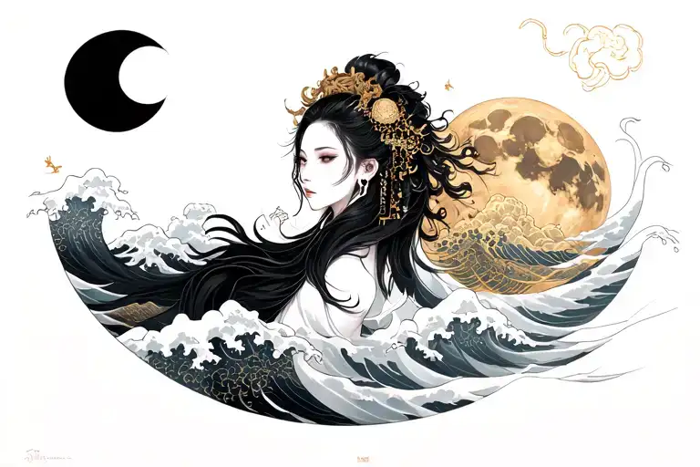 leon fu with Chinese clouds waves the moon and gold above her tattoo design idea