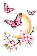 Moths And Crescent Moon cherry blossom tattoo design idea