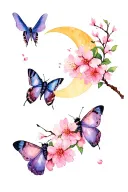 Moths And Crescent Moon cherry blossom tattoo design idea