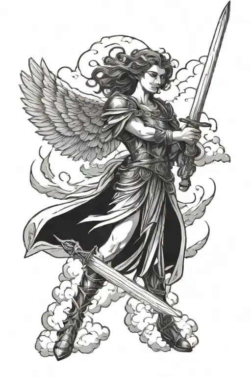 female angel warrior wielding a sword surrounded by clouds  tattoo design idea