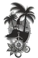 compass rose moon surrounded palm tree anchor rope  tattoo design idea