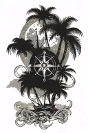 compass rose moon surrounded palm tree anchor rope  tattoo design idea