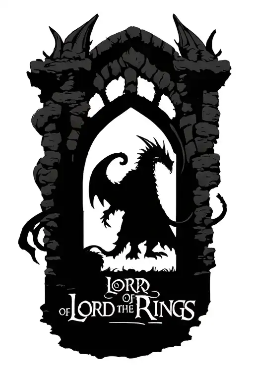 lord of the rings gandolf silhouette, hobbit door, dragon and elvish text tattoo design idea