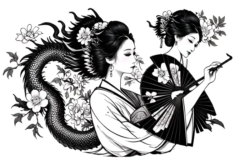 The image includes a woman in traditional Japanese clothes, a dragon wrapping around, flowers and fan tattoo design idea