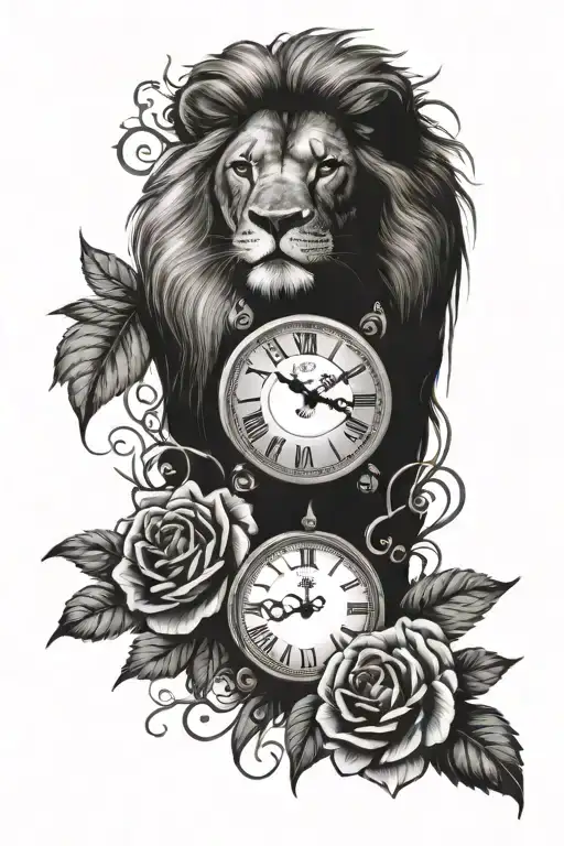 lion roses and clock tattoo design idea