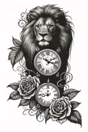 lion roses and clock tattoo design idea