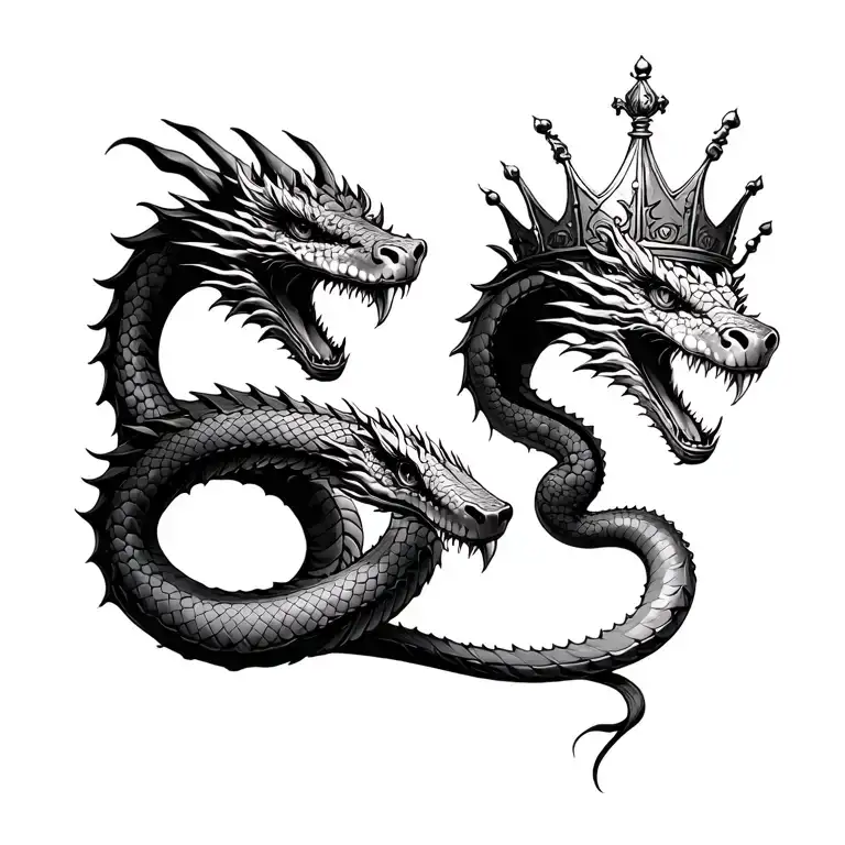 Dragon eating snake around a crown tattoo design idea