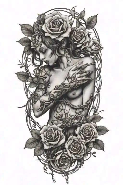 Naked girl, intertwined roots growing from chains on wrist, roses with sharp vines tattoo design idea