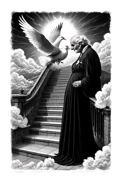 2 doves in a stairs into heaven. and a grandfather and grandmother outline, pictures from the back. with clouds around tattoo design idea