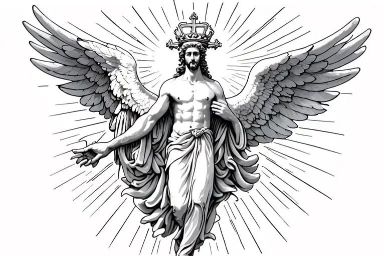 theology themed creation of adam dove angel enlightenment crown cross rays of light detailed tattoo design idea