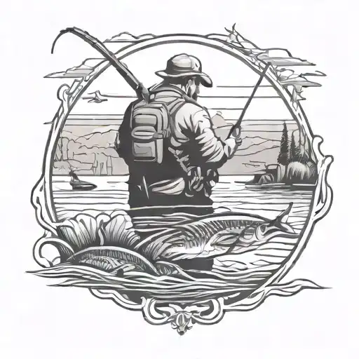 father and sons fishing scene tattoo design idea