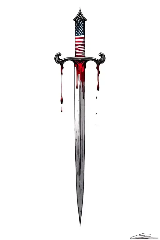 blood dripping and usa flag and long blade tattoo design idea