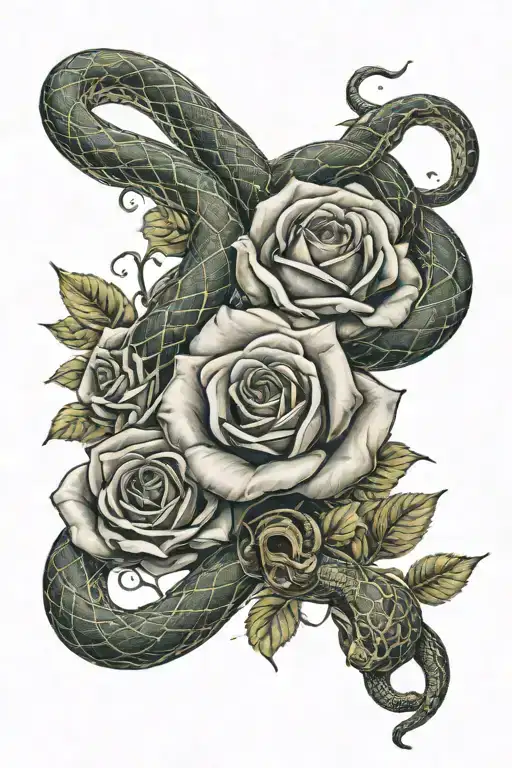 roses blooming with a snake intertwined belly up   tattoo design idea