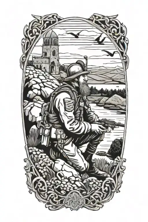 A detailed scene of an Irish landscape with a soldier kneeling in prayer, surrounded by symbols of their faith and military service tattoo design idea