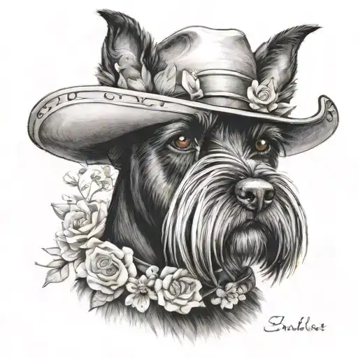 all black schnauzer with cowgirl hat and brown eyes and a collar and flowers looking to the side tattoo design idea