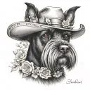 all black schnauzer with cowgirl hat and brown eyes and a collar and flowers looking to the side tattoo design idea